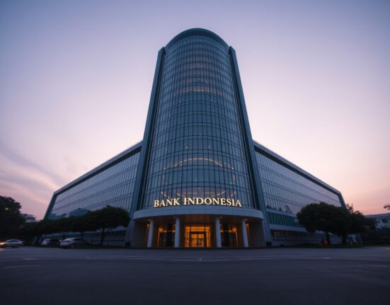 Bank Indonesia headquarters in Jakarta at dusk with warm lighting