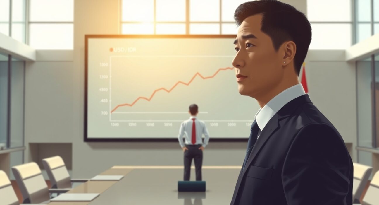 Bank Indonesia official analyzing USD/IDR exchange rate chart in Jakarta boardroom