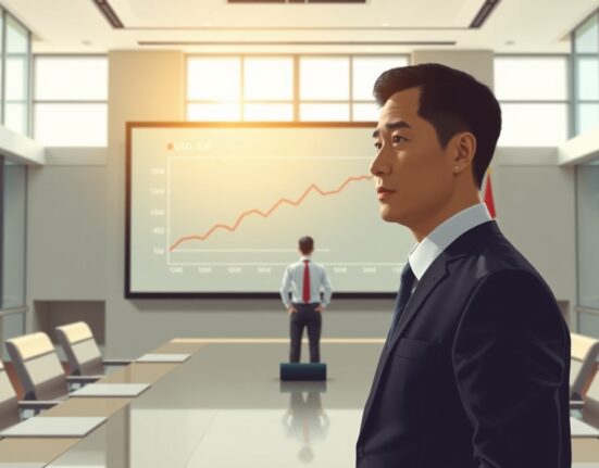 Bank Indonesia official analyzing USD/IDR exchange rate chart in Jakarta boardroom