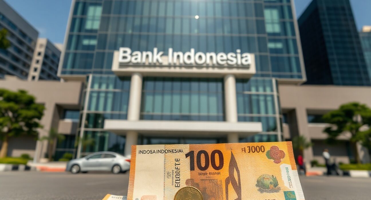 Bank Indonesia headquarters in Jakarta, with rupiah notes in foreground