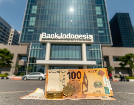 Bank Indonesia headquarters in Jakarta, with rupiah notes in foreground