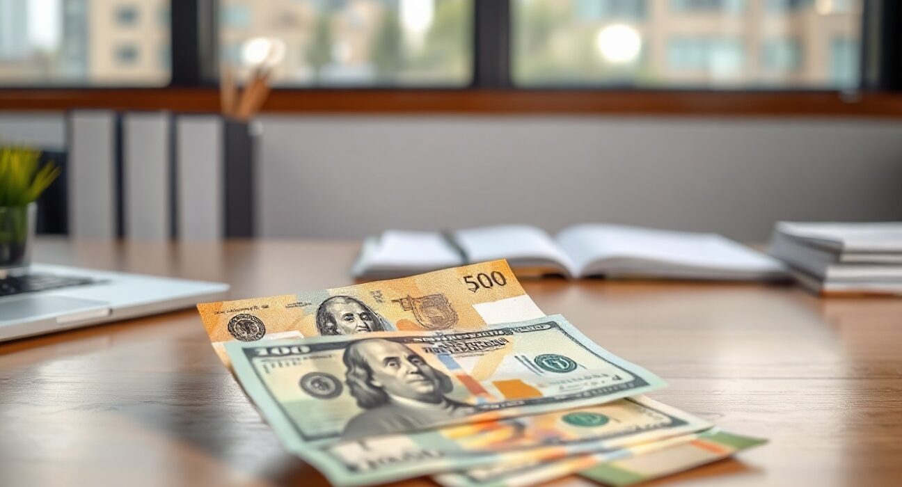 Indonesian rupiah and US dollar banknotes on a desk with a financial chart in the background