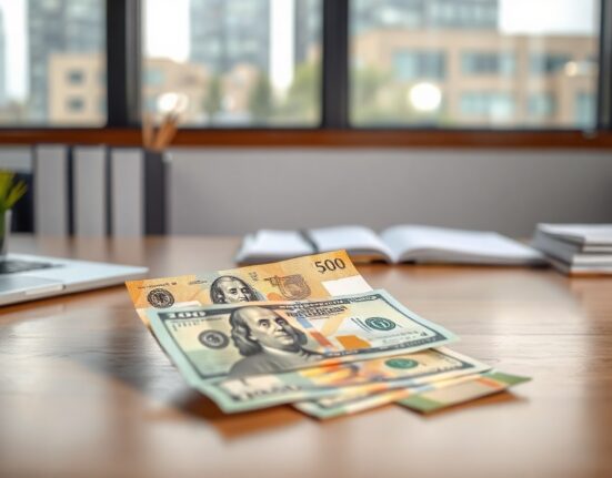 Indonesian rupiah and US dollar banknotes on a desk with a financial chart in the background