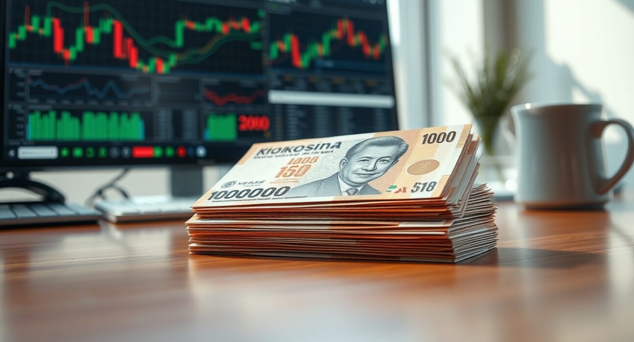 Stack of Indonesian rupiah banknotes on a desk with a financial chart in the background.