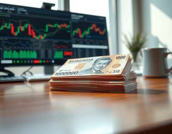 Stack of Indonesian rupiah banknotes on a desk with a financial chart in the background.