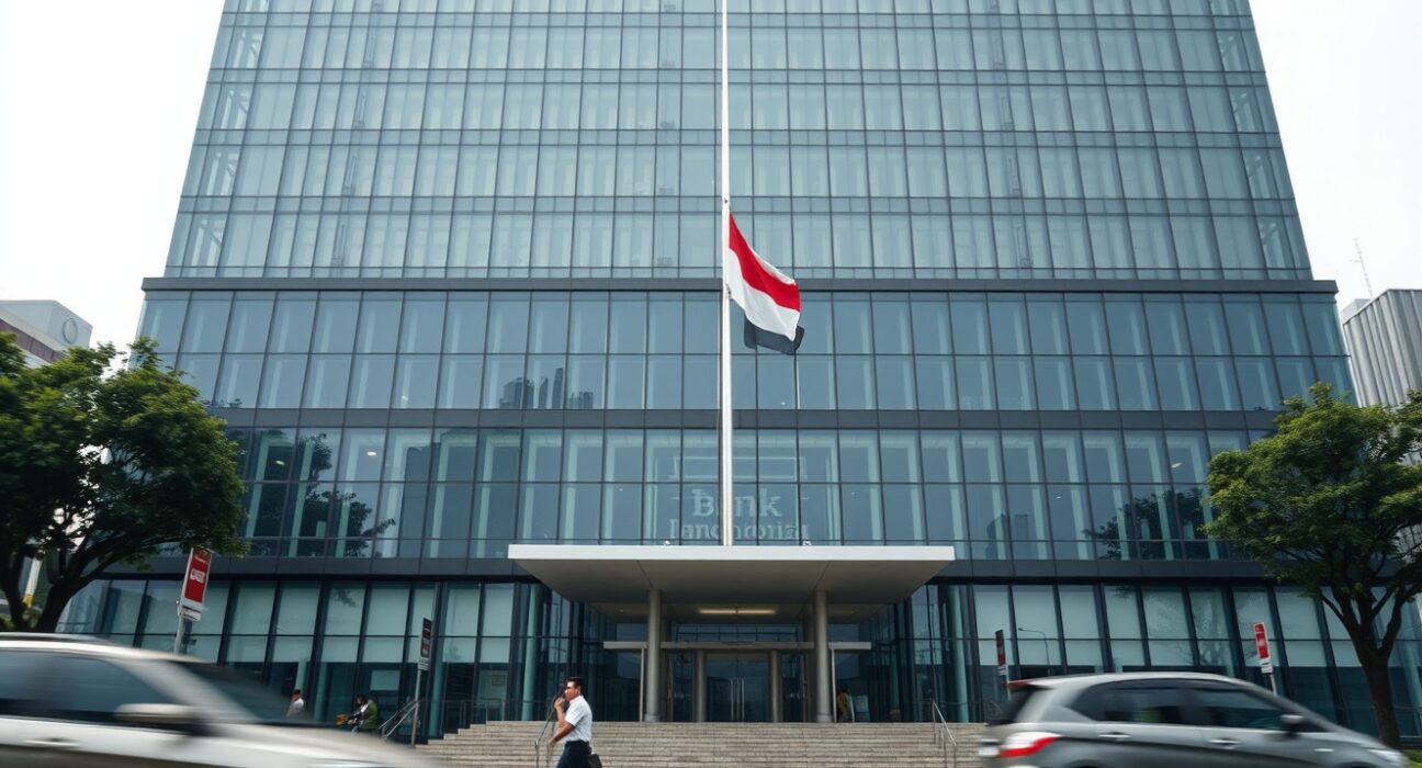 Bank Indonesia headquarters building in Jakarta under overcast sky, symbolizing monetary policy decision.