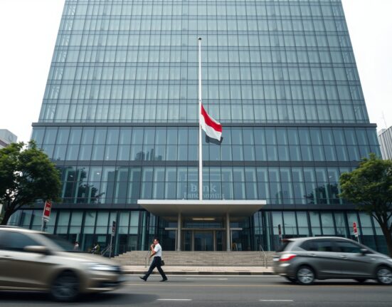 Bank Indonesia headquarters building in Jakarta under overcast sky, symbolizing monetary policy decision.