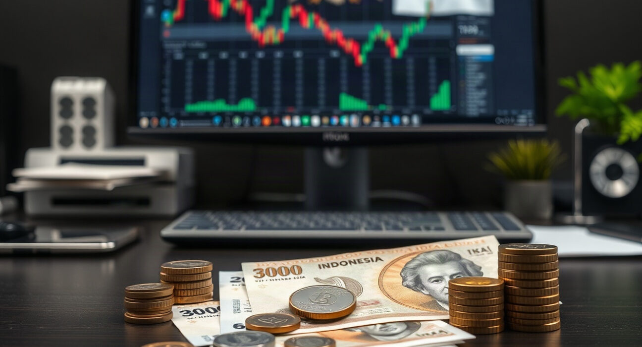 Indonesian rupiah banknotes and coins with financial charts in background