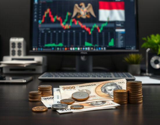 Indonesian rupiah banknotes and coins with financial charts in background