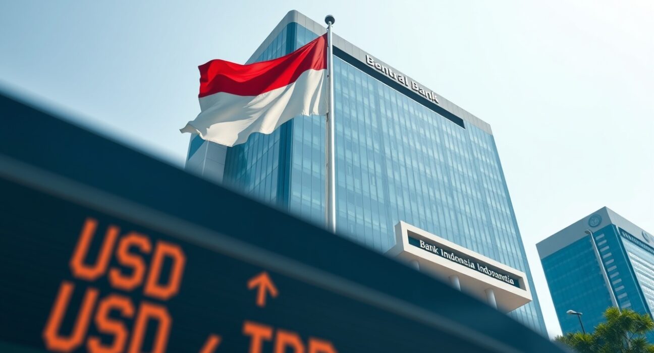 Bank Indonesia headquarters in Jakarta during currency defense policy announcement