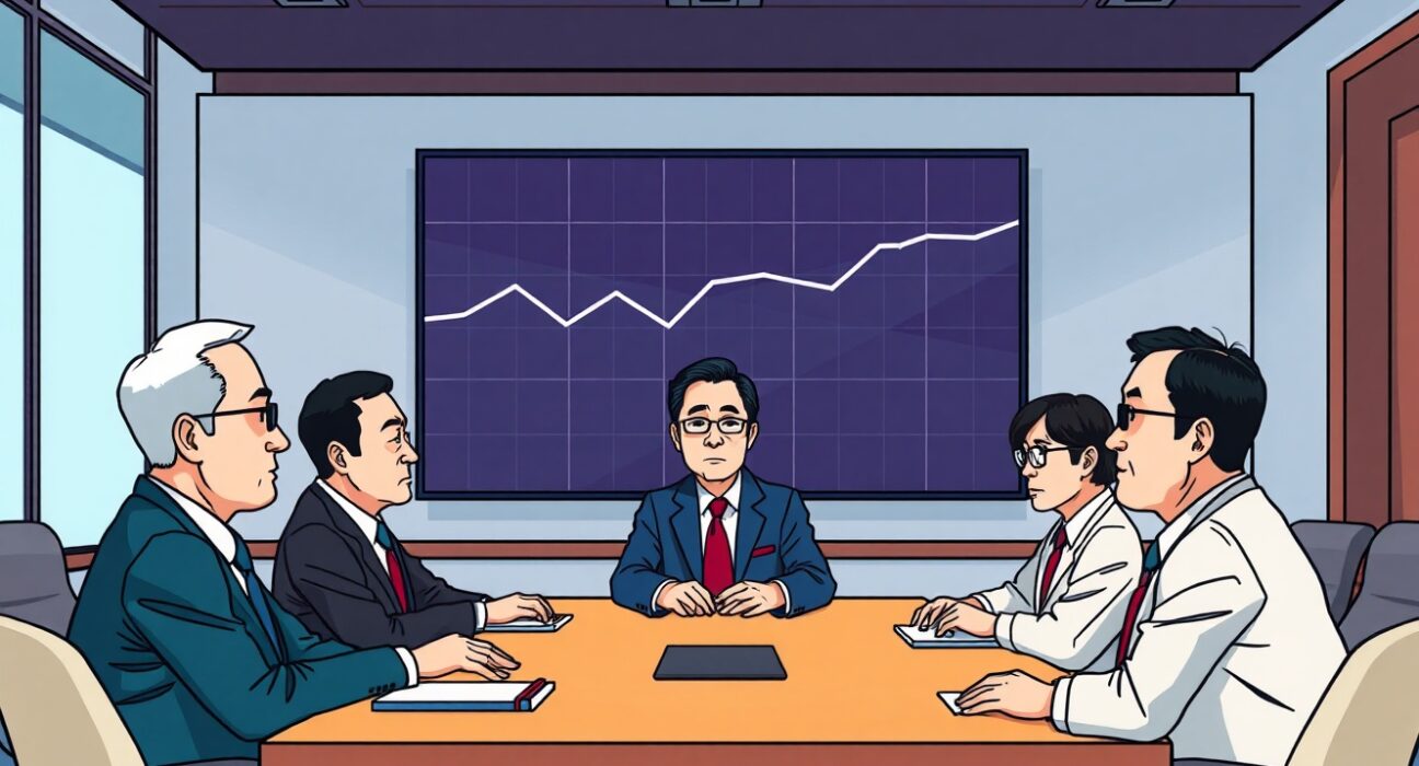Cartoon illustration showing the Bank of Japan maintaining its benchmark interest rate, symbolizing economic stability and careful monetary policy decisions.