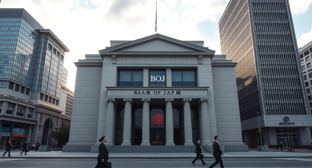 The Bank of Japan headquarters in Tokyo, representing the central bank's decision to hold interest rates steady.