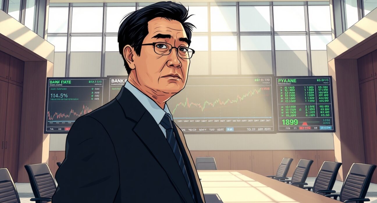 Bank of Japan headquarters with central banker analyzing interest rate charts amid economic uncertainty