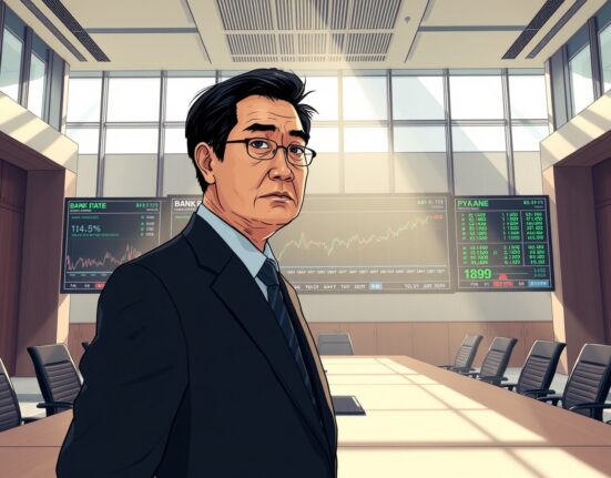 Bank of Japan headquarters with central banker analyzing interest rate charts amid economic uncertainty