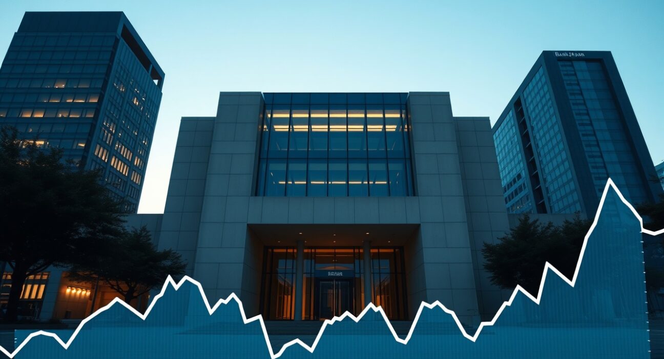 Bank of Japan headquarters with oil price chart overlay showing monetary policy context