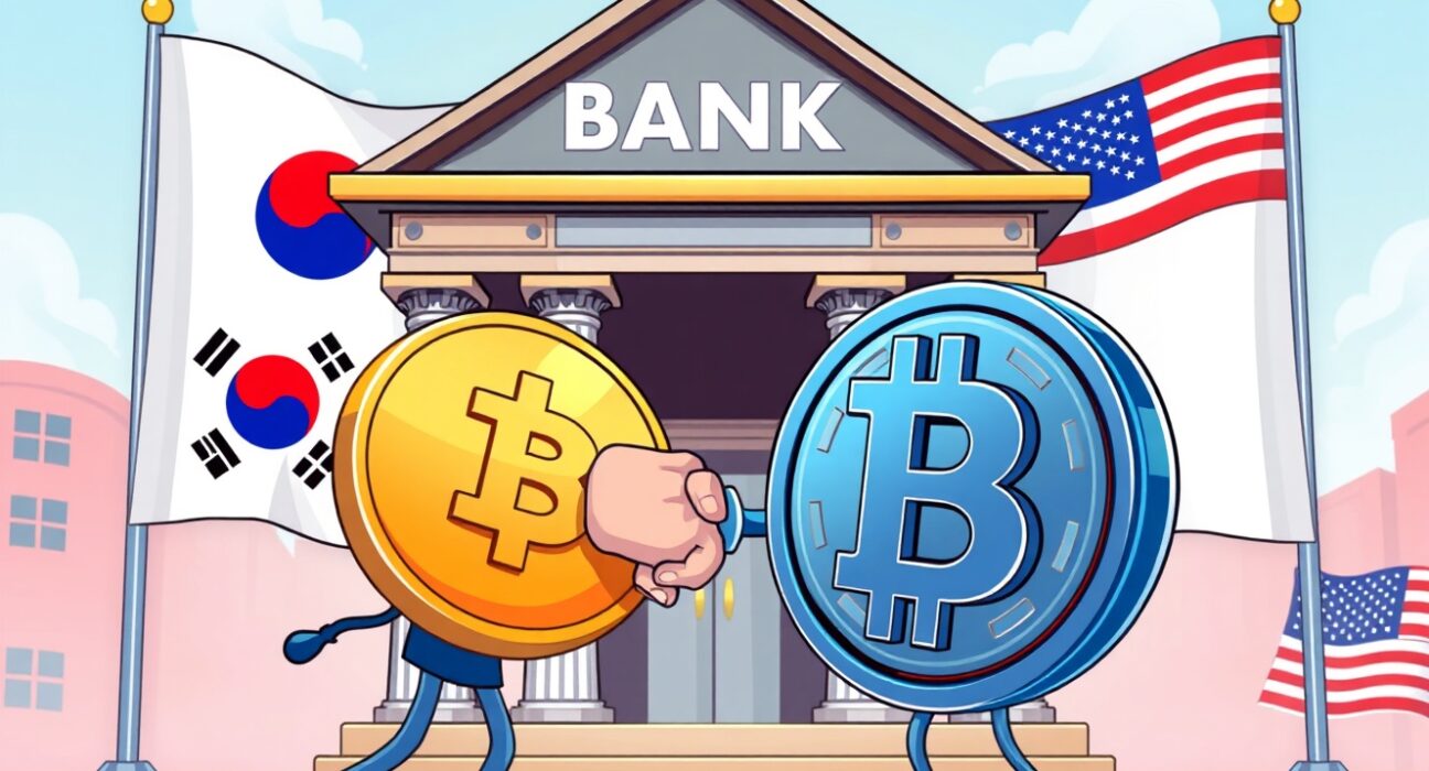 Bank-led stablecoins bridging traditional banking and digital currency in vibrant illustration