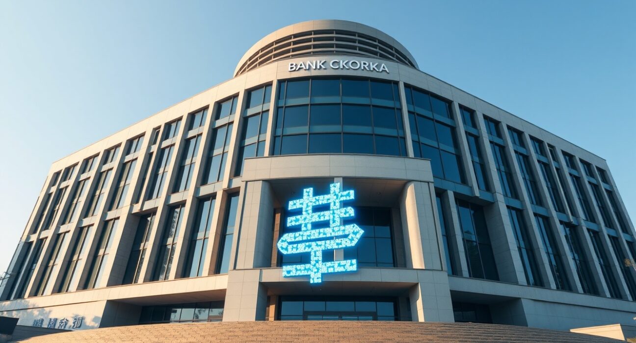 Bank of Korea headquarters with digital currency symbol representing deposit token testing for government subsidies.