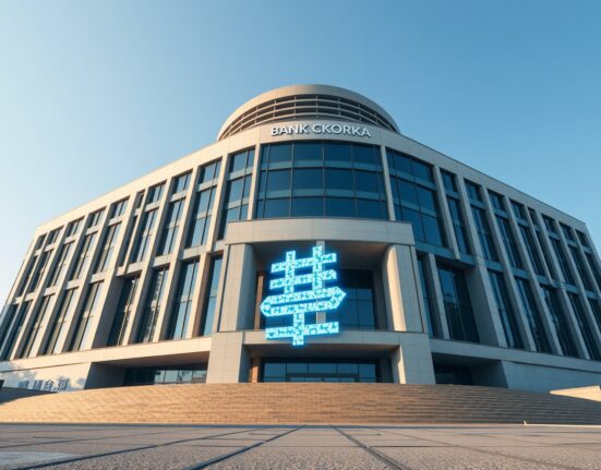 Bank of Korea headquarters with digital currency symbol representing deposit token testing for government subsidies.