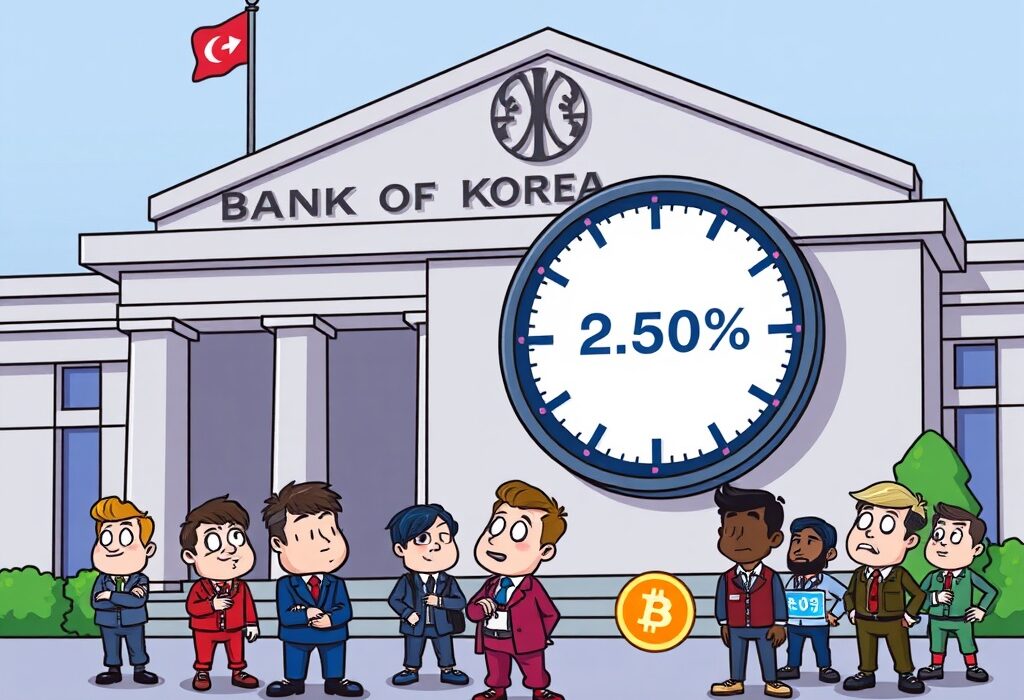 Cartoon illustration of the Bank of Korea interest rate decision, showing stability and its potential impact on investors and the crypto market.