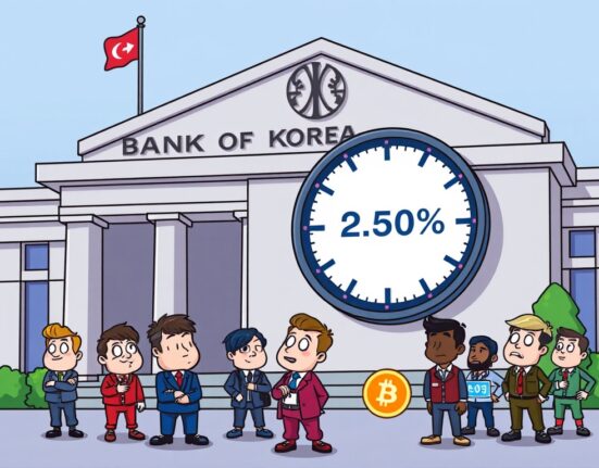 Cartoon illustration of the Bank of Korea interest rate decision, showing stability and its potential impact on investors and the crypto market.