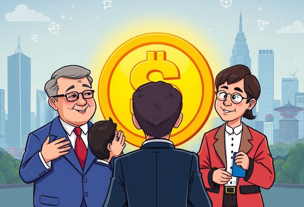 Illustrates collaboration between banking, government, and crypto for secure bank-led stablecoins in South Korea.