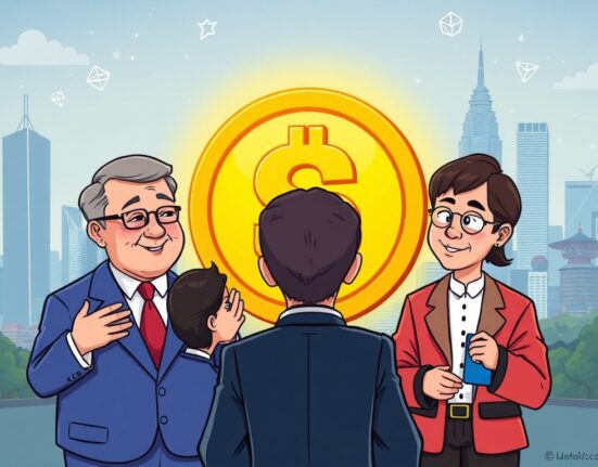 Illustrates collaboration between banking, government, and crypto for secure bank-led stablecoins in South Korea.