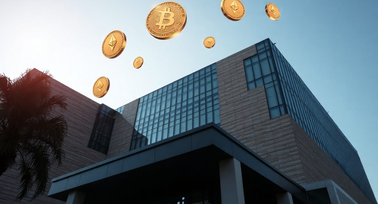 Bank Leumi headquarters in Tel Aviv with digital cryptocurrency symbols in the sky
