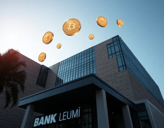 Bank Leumi headquarters in Tel Aviv with digital cryptocurrency symbols in the sky