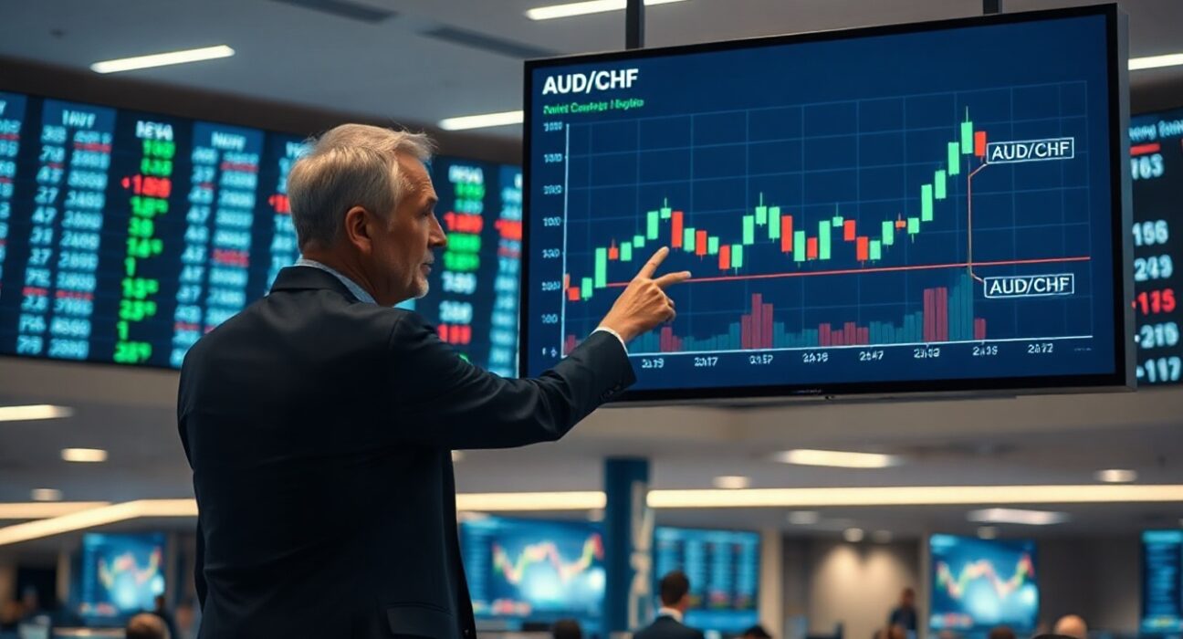 Financial analyst pointing at AUD/CHF chart on trading floor screen