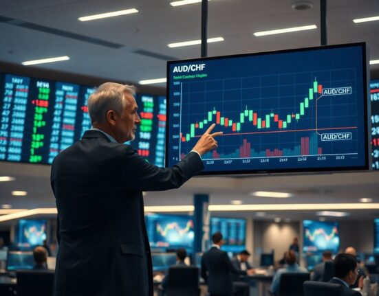 Financial analyst pointing at AUD/CHF chart on trading floor screen