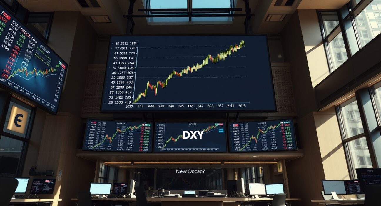 Digital trading screens on a New York City trading floor showing U.S. dollar forex charts trending upward