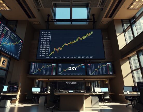 Digital trading screens on a New York City trading floor showing U.S. dollar forex charts trending upward