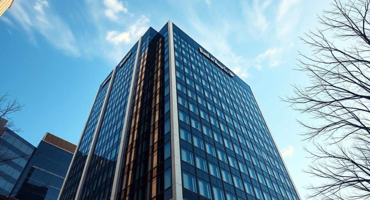 Bank of America headquarters building on a sunny day, representing institutional finance and crypto ETF investments.
