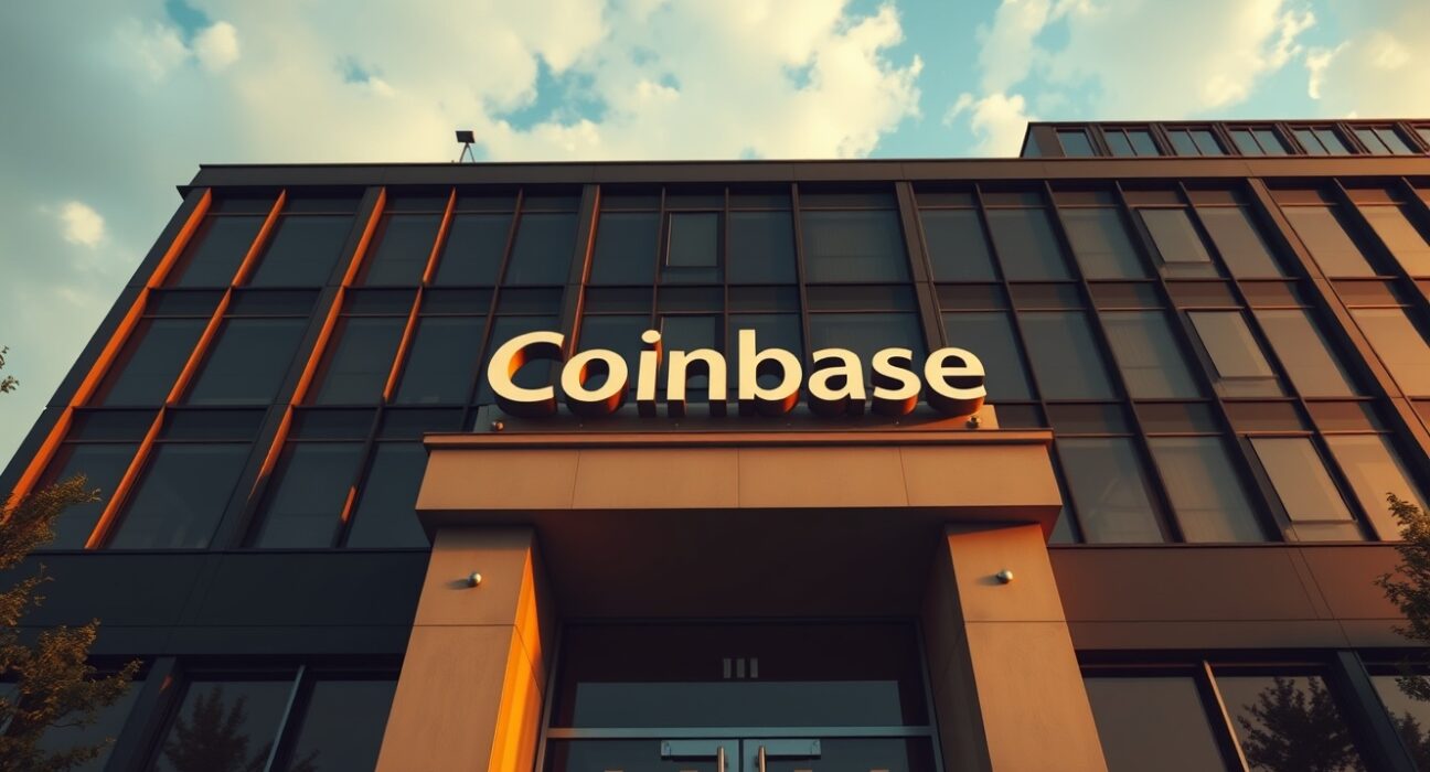 Exterior of a modern office building with a Coinbase logo above the entrance, captured in late afternoon light.