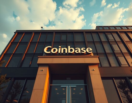 Exterior of a modern office building with a Coinbase logo above the entrance, captured in late afternoon light.