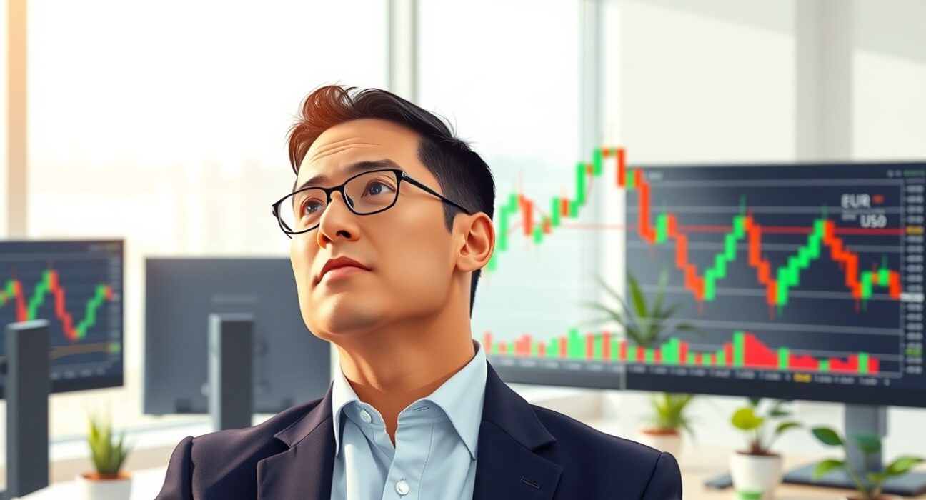 Financial analyst reviews Bank of America EUR/USD forecast on a trading screen.