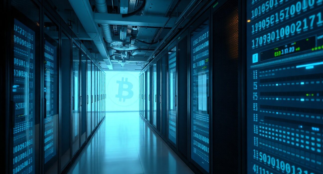 Interior of a modern AI data center with rows of blue-lit servers, representing TeraWulf's strategic shift.
