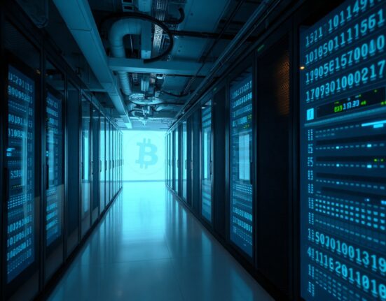 Interior of a modern AI data center with rows of blue-lit servers, representing TeraWulf's strategic shift.