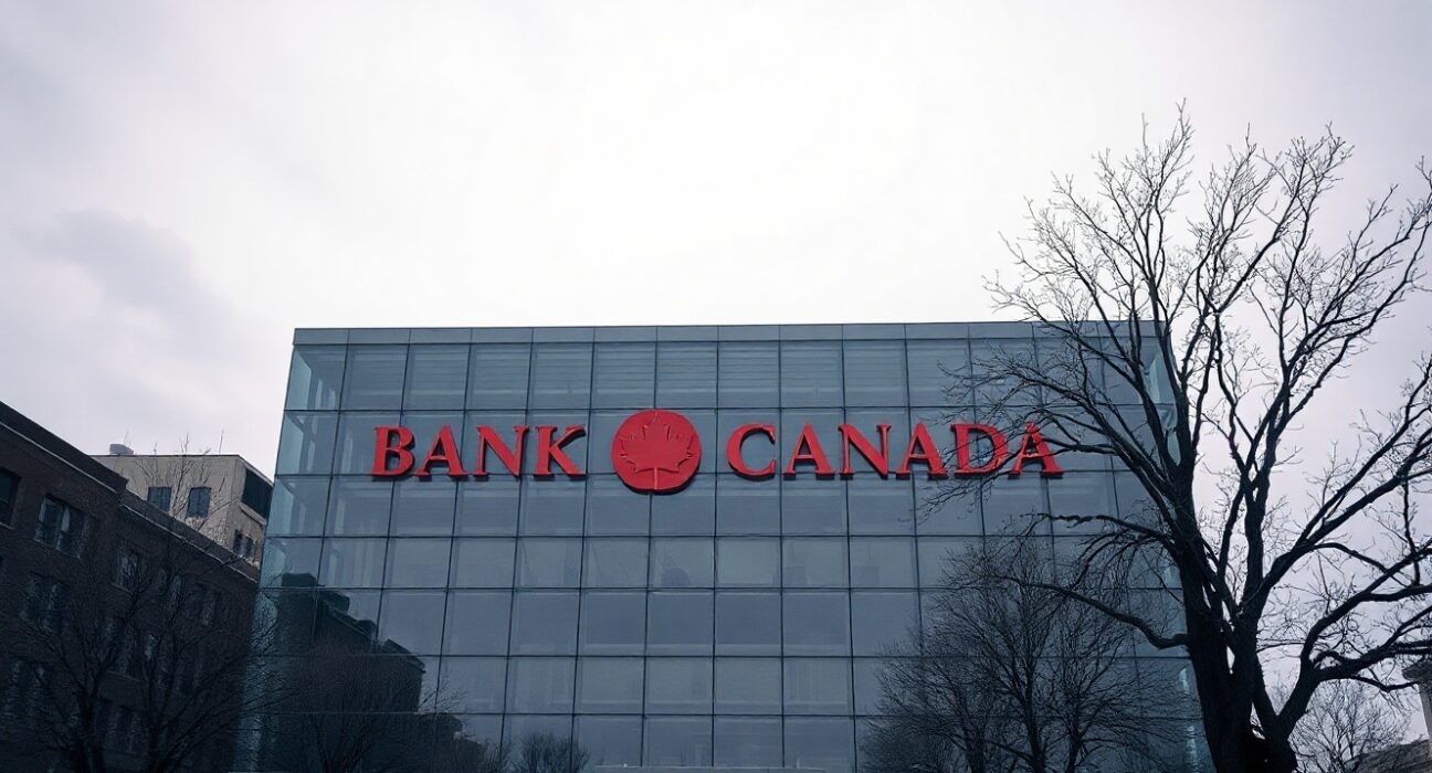 Bank of Canada headquarters in Ottawa on a cloudy day, representing monetary policy decision.
