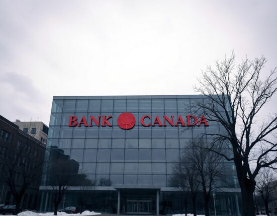 Bank of Canada headquarters in Ottawa on a cloudy day, representing monetary policy decision.