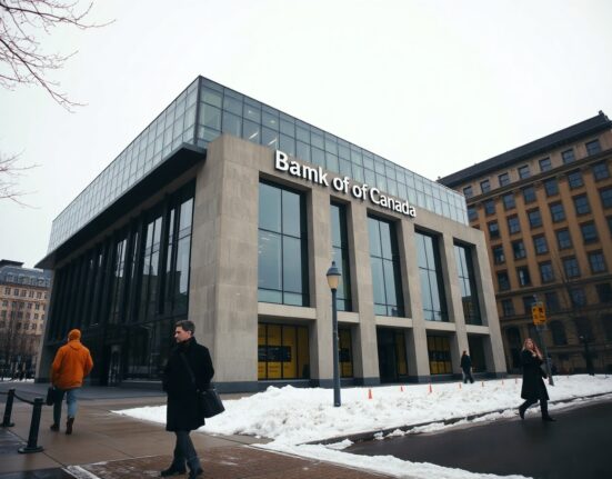 Bank of Canada headquarters building in Ottawa on a cloudy winter day