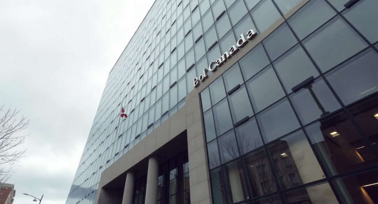 Bank of Canada headquarters in Ottawa under overcast sky, representing monetary policy decision
