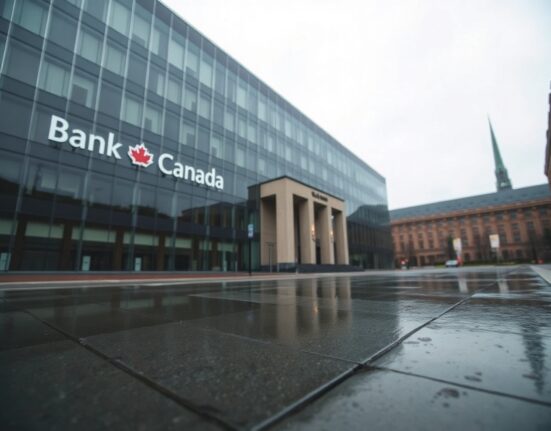 Bank of Canada headquarters building in Ottawa on a cloudy day