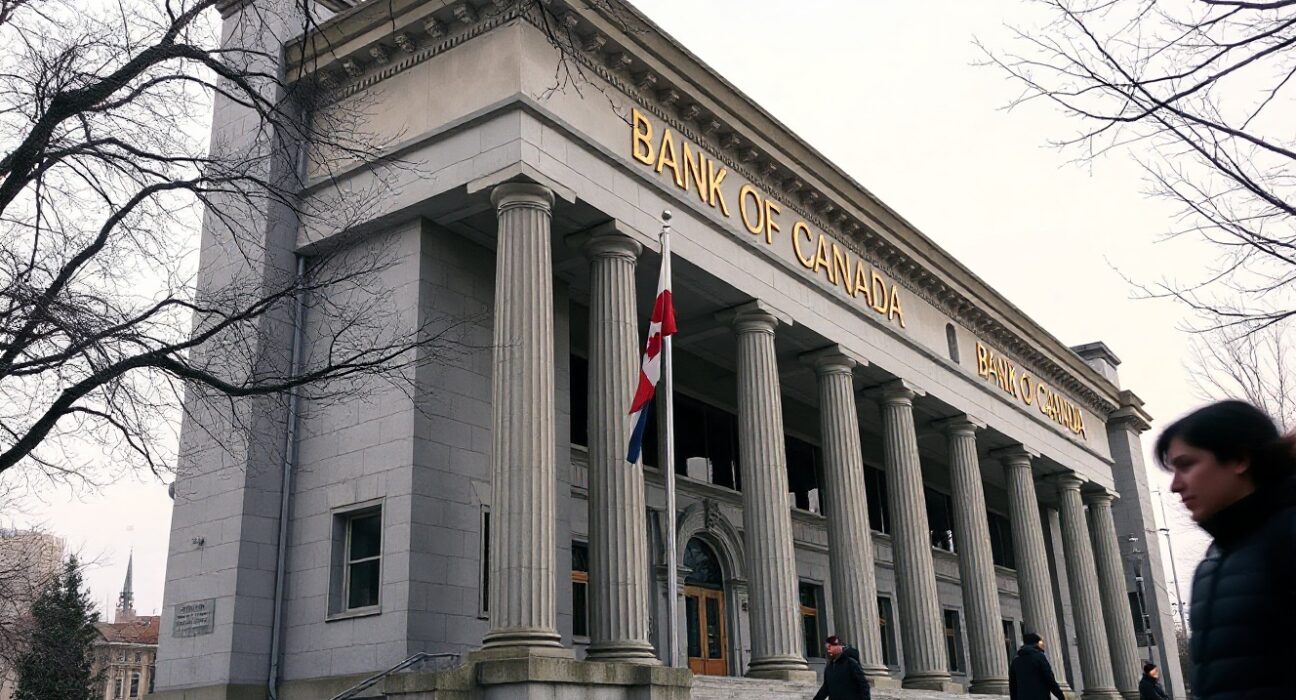 Bank of Canada building in Ottawa on a cloudy winter day, symbolizing a pending interest rate decision.