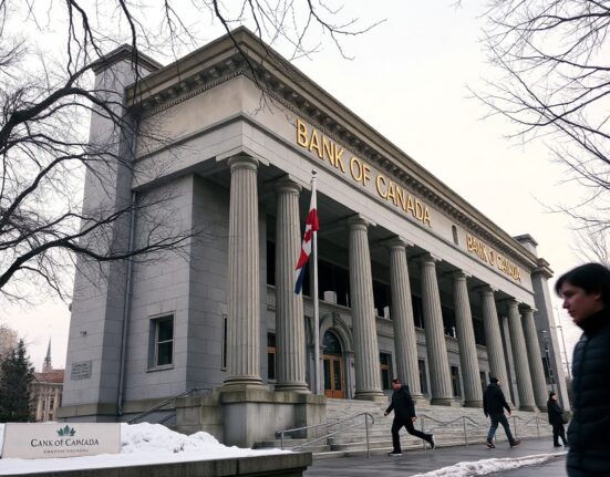 Bank of Canada building in Ottawa on a cloudy winter day, symbolizing a pending interest rate decision.
