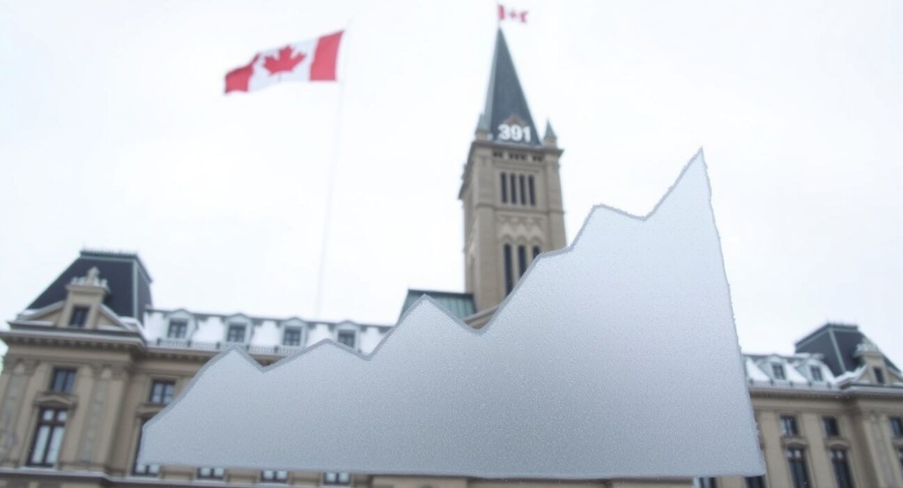 Bank of Canada headquarters in Ottawa with a frosty window showing an energy price chart, representing the energy shock and steady interest rate outlook.