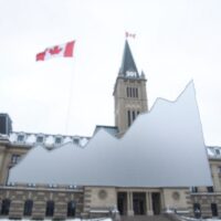 Bank of Canada headquarters in Ottawa with a frosty window showing an energy price chart, representing the energy shock and steady interest rate outlook.
