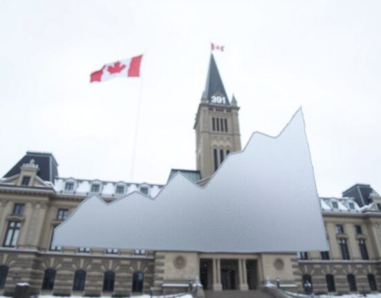Bank of Canada headquarters in Ottawa with a frosty window showing an energy price chart, representing the energy shock and steady interest rate outlook.