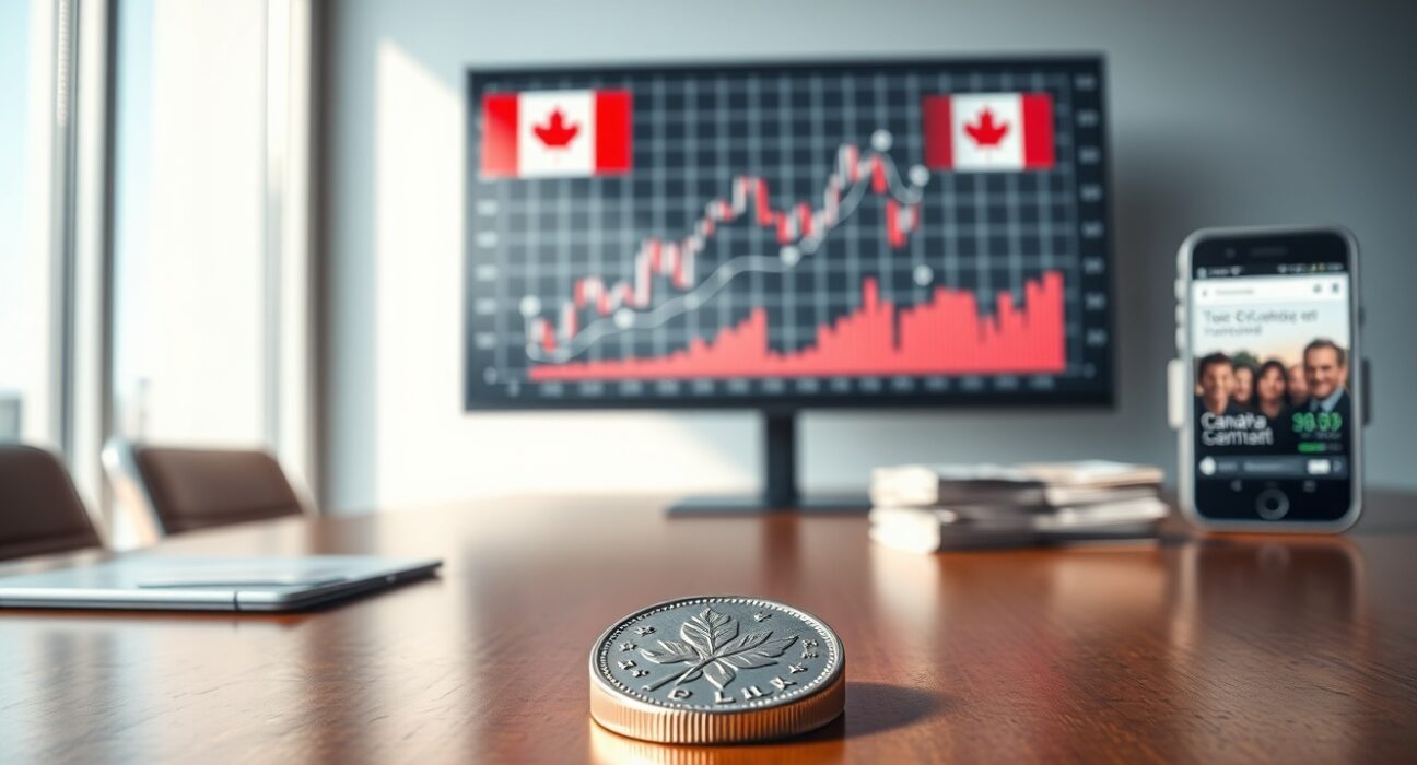 Canadian loonie coin and economic chart on a desk, representing monetary policy analysis.