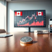 Canadian loonie coin and economic chart on a desk, representing monetary policy analysis.